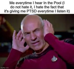 Me everytime I hear In the Pool (I do not hate it, I hate the fact that it's giving me PTSD everytime I listen it)